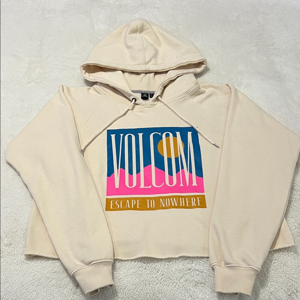 Volcom Cream Hoodie with Blue, Pink & Gold Graphic
